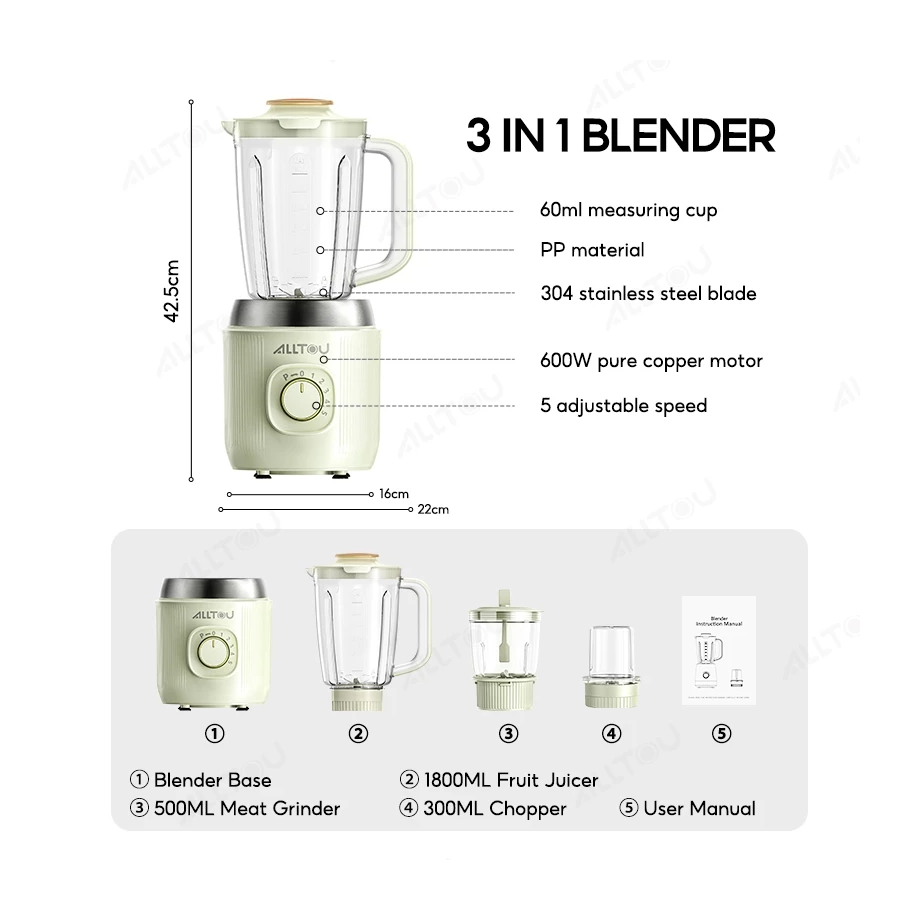 ALLTOU Blender 2.6L 3 in 1 Fruit Juice